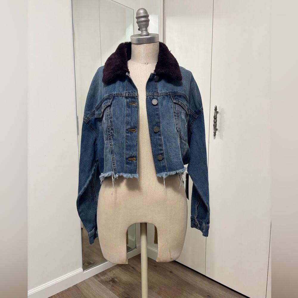 Black Label C’est Toi Cropped Denim Jacket Faux Fur Collar Y2K Woman Small